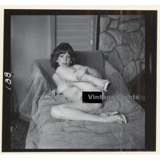 Erotic Study: Brunette Nude Lingering On Bed*2 (Vintage Contact Sheet Photo 1970s/1980s)