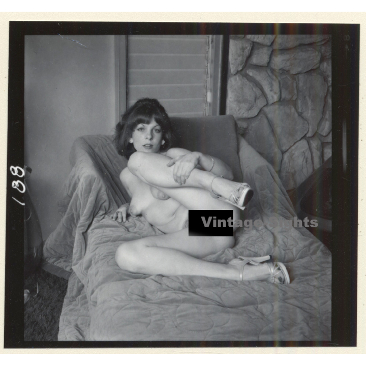 Erotic Study: Brunette Nude Lingering On Bed*2 (Vintage Contact Sheet Photo 1970s/1980s)