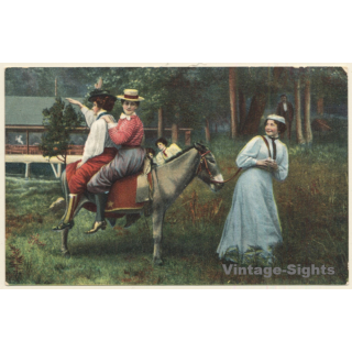 2 Females Sitting Backwards On Donkey / Esel (Vintage PC)