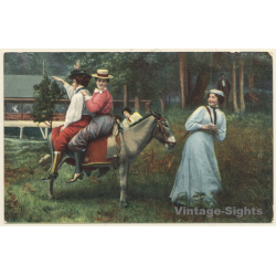 2 Females Sitting Backwards On Donkey / Esel (Vintage PC)