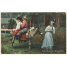 2 Females Sitting Backwards On Donkey / Esel (Vintage PC)