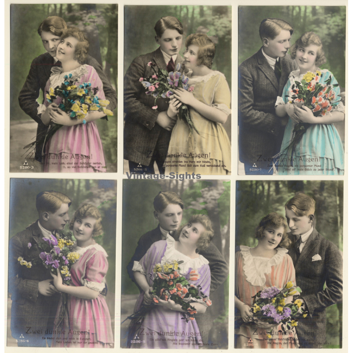 Zwei Dunkle Augen! / Romance - Couple In Love - Kitsch (Set Of 6 Vintage RPPCs 1910s)