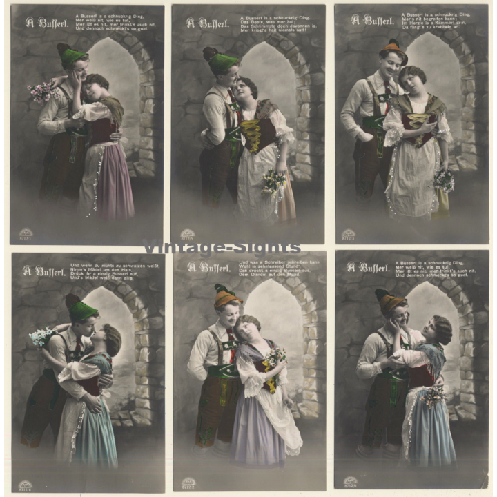A Busserl / Romance - Kissing Couple - Kitsch (Set Of 6 Vintage RPPCs 1910s)
