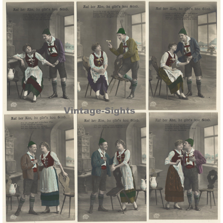 Auf Der Alm, Da Gibt's Koa Sünd / Bavarian Romance - Couple - Kitsch (Set Of 6 Vintage RPPCs 1910s)
