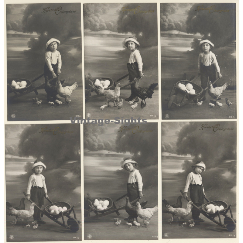 Herzliche Ostergrüsse / Little Girl, Eggs & Chicken - Kitsch (Set Of 6 Vintage RPPCs 1910s)
