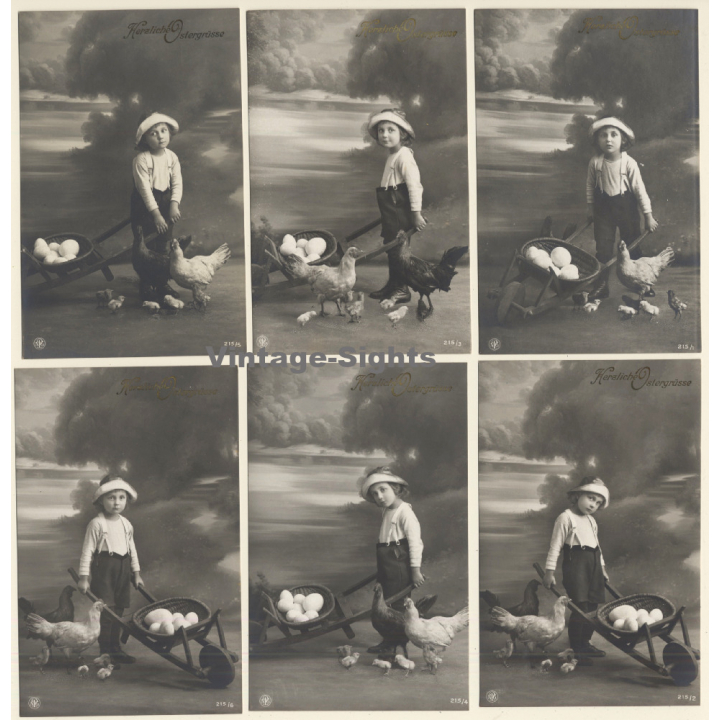 Herzliche Ostergrüsse / Little Girl, Eggs & Chicken - Kitsch (Set Of 6 Vintage RPPCs 1910s)
