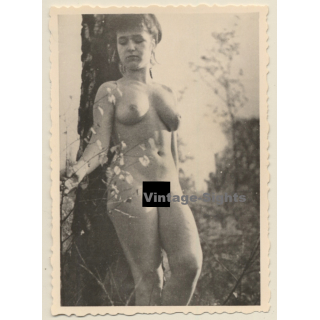 Erotic Study: Pensive Brunette Nude Leaning Against Tree (Vintage 2nd Gen. Photo ~1950s/1960s)