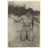 Erotic Study: Kneeling Nude Beach Bunny Playing With Sand (Vintage 2nd Gen. Photo ~1940s/1950s)