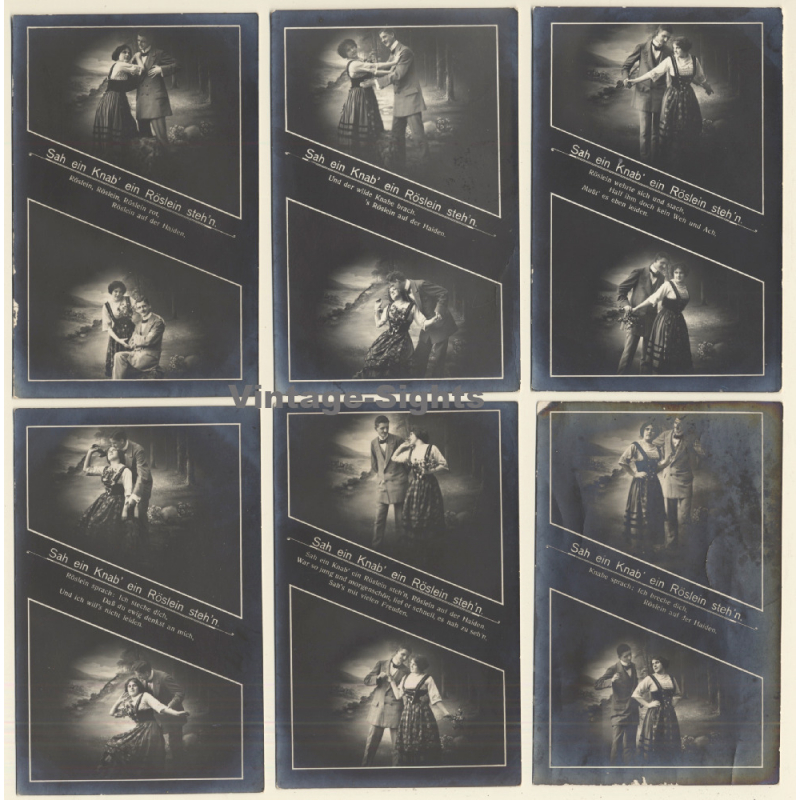 Sah Ein Knab Ein Röslein Steh'n / Romance - Couple - Kitsch (Set Of 6 Vintage RPPCs 1916)