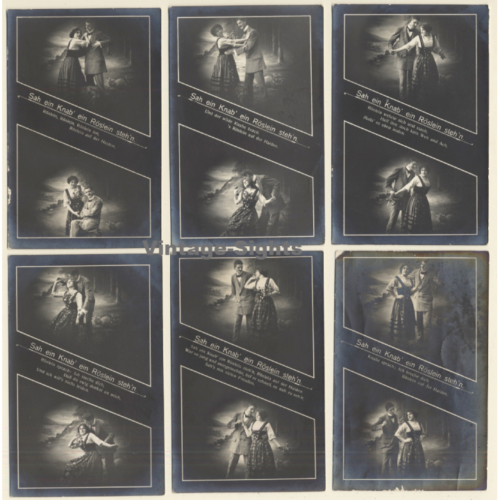 Sah Ein Knab Ein Röslein Steh'n / Romance - Couple - Kitsch (Set Of 6 Vintage RPPCs 1916)