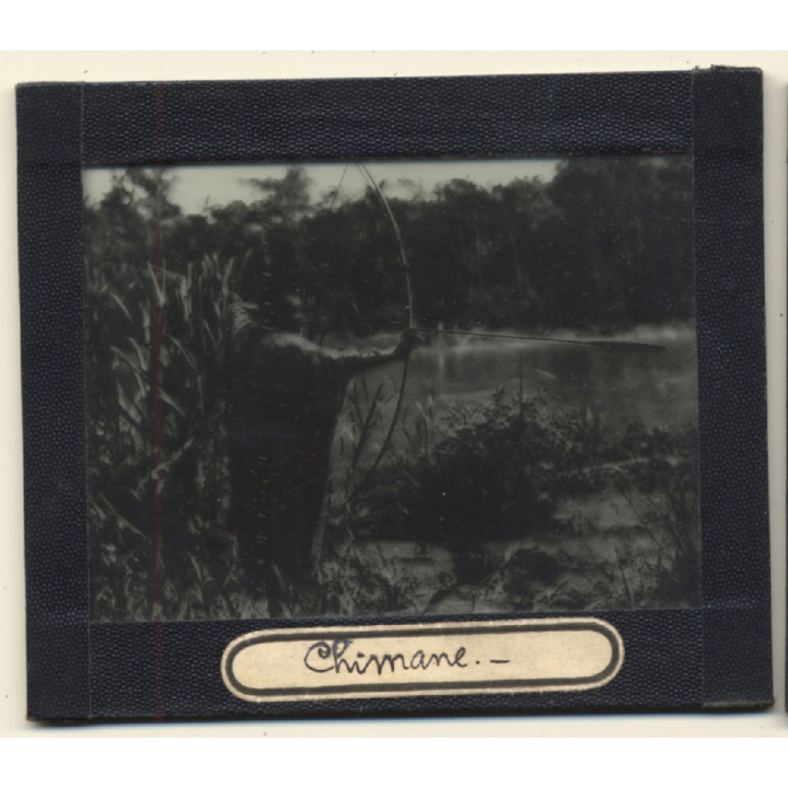 Bolivia: Indigenous Chimane With Bamboo Bow & Arrow / Rio Beni (Vintage Glass Plate ~1920s/1930s)