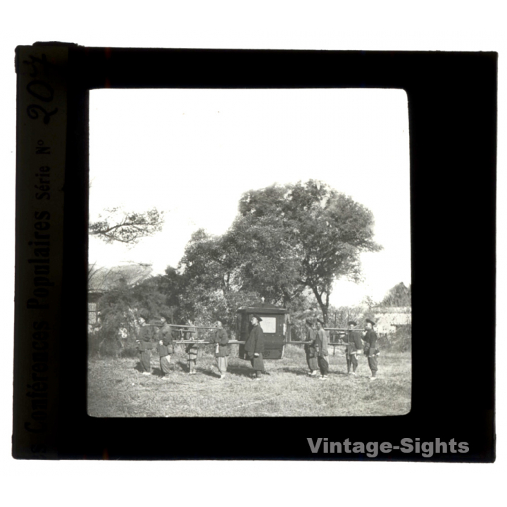 China: 8 Men Carrying Palanquin / Sedan Chair (Vintage Glass Plate ~1900s/1910s)