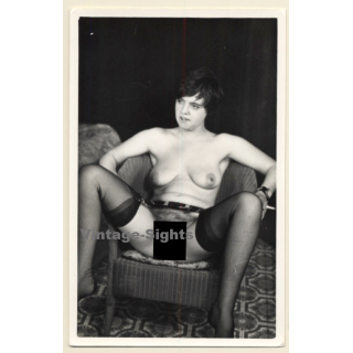 Shorthaired Nude Female In Lounge Chair Smoking A Cigarette (Vintage Photo ~1940s/1950s)