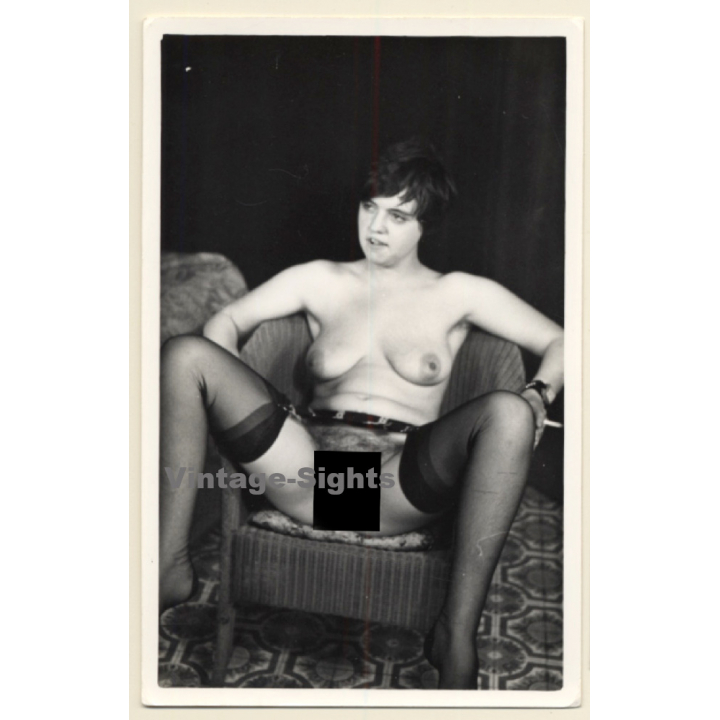 Shorthaired Nude Female In Lounge Chair Smoking A Cigarette (Vintage Photo ~1940s/1950s)