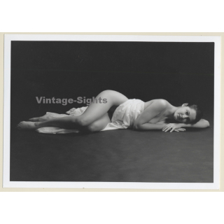 Artistic Erotic Nude Study: Slim Brunette Reclining On Floor (Vintage Photo France 1980s)