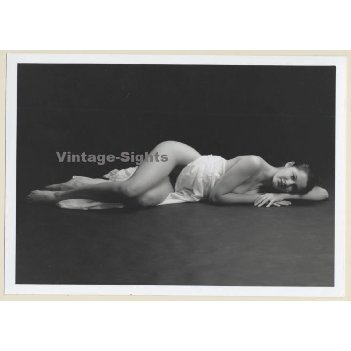 Artistic Erotic Nude Study: Slim Brunette Reclining On Floor (Vintage Photo France 1980s)