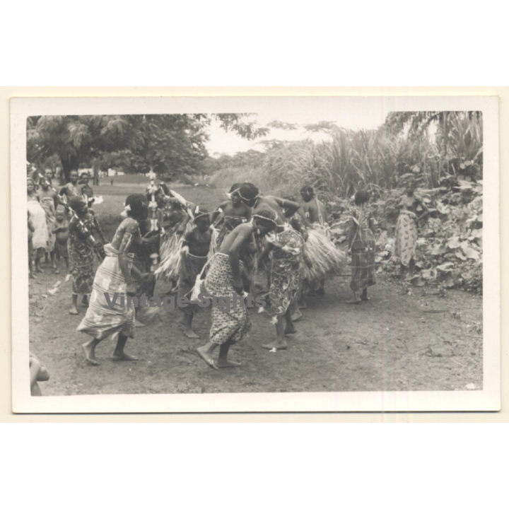 Africa / Congo?: Native Dancers At Tribal Gathering / Ceremonial Outfit*2 (Vintage Photo ~1940s/1950s)