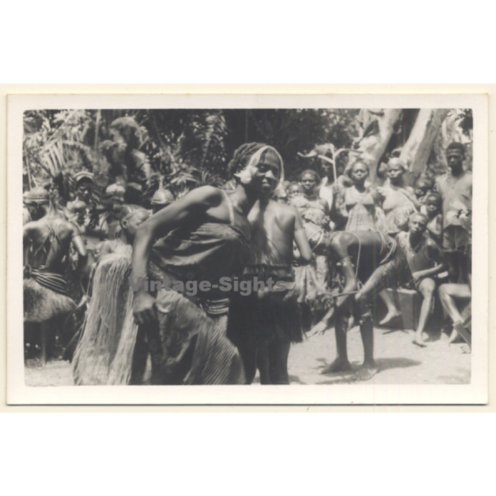 Africa / Congo?: Native Dancers At Tribal Gathering / Ceremonial Outfit*4 (Vintage Photo ~1940s/1950s)