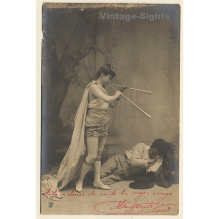 Theater Scene*1: Interracial Couple / Flute - Romance (Vintage RPPC 1903)