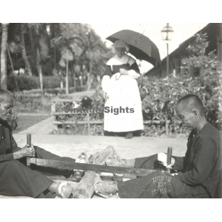 Vietnam: Lepers Saw A Tree Trunk / Missionary Sister (Vintage Stereo Glass Plate ~1920s/1930s)