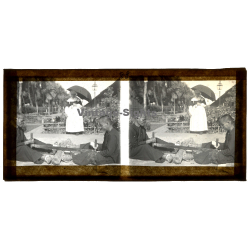 Vietnam: Lepers Saw A Tree Trunk / Missionary Sister (Vintage Stereo Glass Plate ~1920s/1930s)