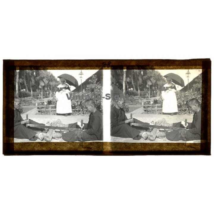 Vietnam: Lepers Saw A Tree Trunk / Missionary Sister (Vintage Stereo Glass Plate ~1920s/1930s)