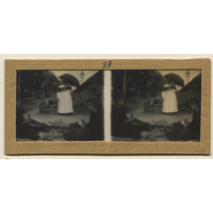 Vietnam: Lepers Saw A Tree Trunk / Missionary Sister (Vintage Stereo Glass Plate ~1920s/1930s)