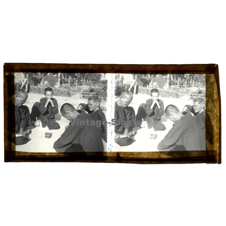 Vietnam: Lepers Roll A Cigarette / Leprosy Colony (Vintage Stereo Glass Plate ~1920s/1930s)