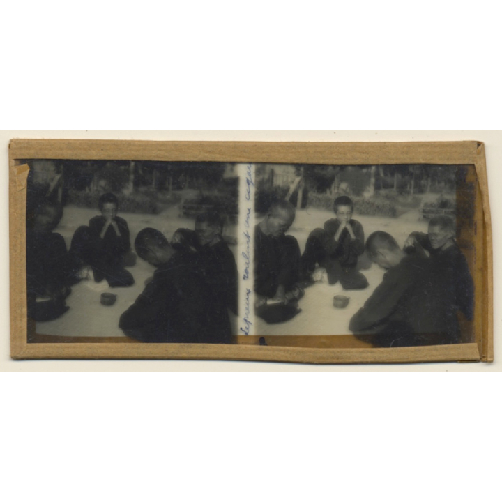 Vietnam: Lepers Roll A Cigarette / Leprosy Colony (Vintage Stereo Glass Plate ~1920s/1930s)