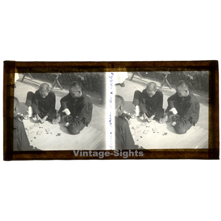 Vietnam: Native Lepers Playing Cards / Leprosy Colony (Vintage Stereo Glass Plate ~1920s/1930s)