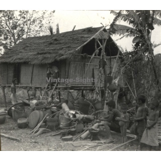 Laos: Indigenous Kids In Front Of Stilt Hut / Pile Dwelling (Vintage Stereo Glass Plate ~1920s/1930s)