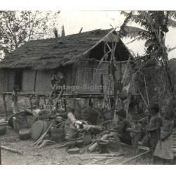 Laos: Indigenous Kids In Front Of Stilt Hut / Pile Dwelling (Vintage Stereo Glass Plate ~1920s/1930s)