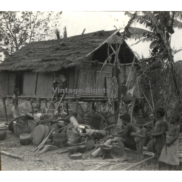 Laos: Indigenous Kids In Front Of Stilt Hut / Pile Dwelling (Vintage Stereo Glass Plate ~1920s/1930s)