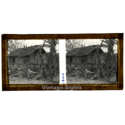 Laos: Indigenous Kids In Front Of Stilt Hut / Pile Dwelling (Vintage Stereo Glass Plate ~1920s/1930s)