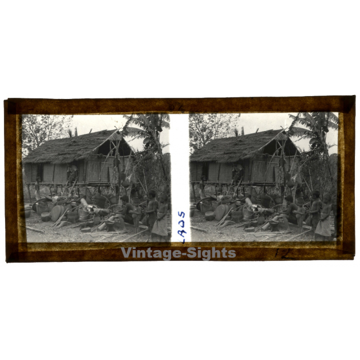 Laos: Indigenous Kids In Front Of Stilt Hut / Pile Dwelling (Vintage Stereo Glass Plate ~1920s/1930s)