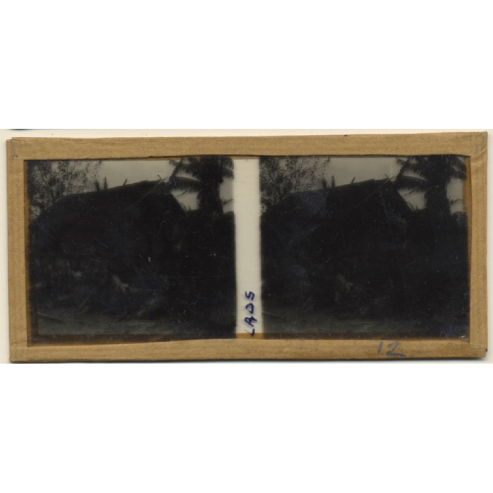 Laos: Indigenous Kids In Front Of Stilt Hut / Pile Dwelling (Vintage Stereo Glass Plate ~1920s/1930s)