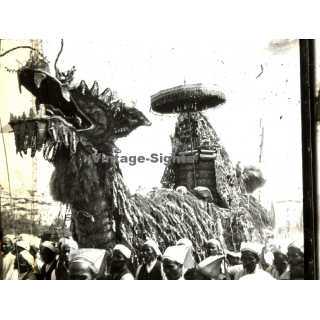 Indochina: Traditional Dragon On Street Parade (Vintage Stereo Glass Plate ~1920s/1930s)