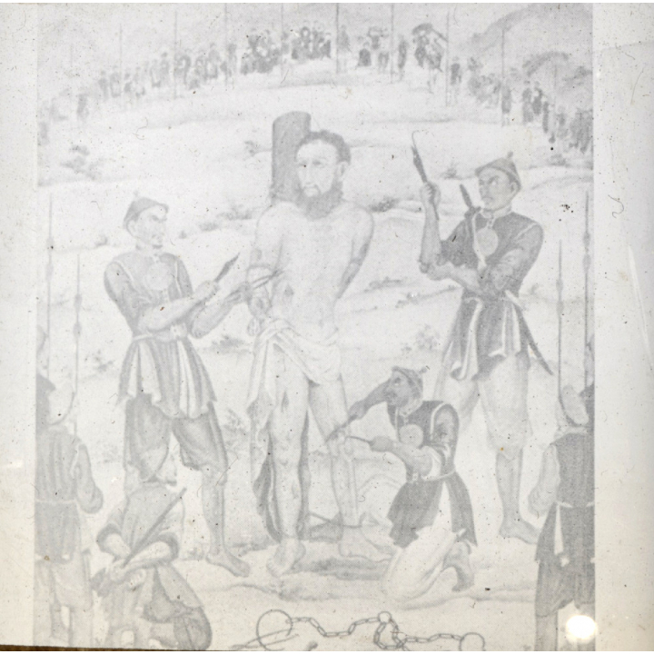 Vietnam: Painting Of Execution Of Missionary Joseph Marchand 1835 (Vintage Stereo Glass Plate ~1920s/1930s)