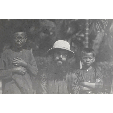 Vietnam: French Missionary With 2 Native Kids With Leprosy (Vintage Glass Plate ~1920s/1930s)