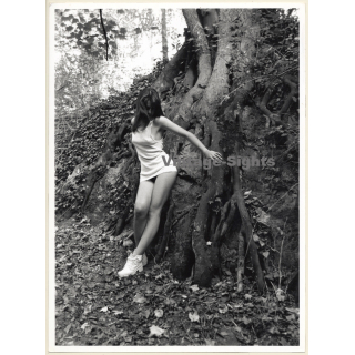 Artistic Erotic Study: Semi Nude In Tank Top Leaning Against Impressive Tree (Vintage Photo France 31 x 24 CM 1980s)