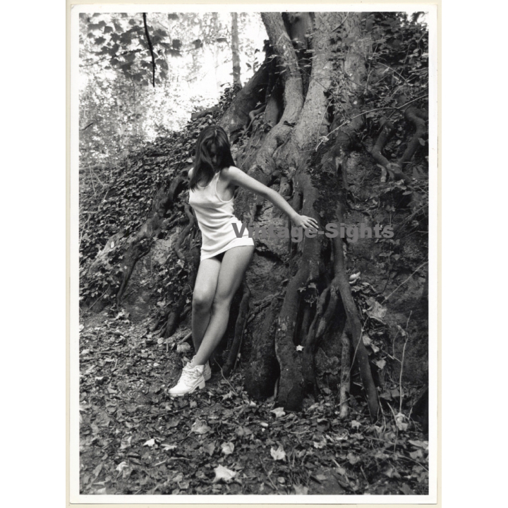 Artistic Erotic Study: Semi Nude In Tank Top Leaning Against Impressive Tree (Vintage Photo France 31 x 24 CM 1980s)
