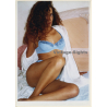 Artistic Erotic Study: Racy Brunette Woman In Blue Lingerie / Eyes (Vintage Photo France 30 x 21 CM 1980s)