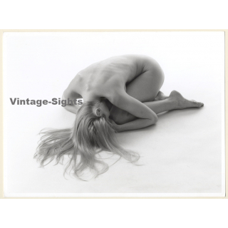 Artistic Erotic Study: Longhaired Blonde Nude Crouched On Floor (Vintage Photo France 23 x 31 CM 1980s)