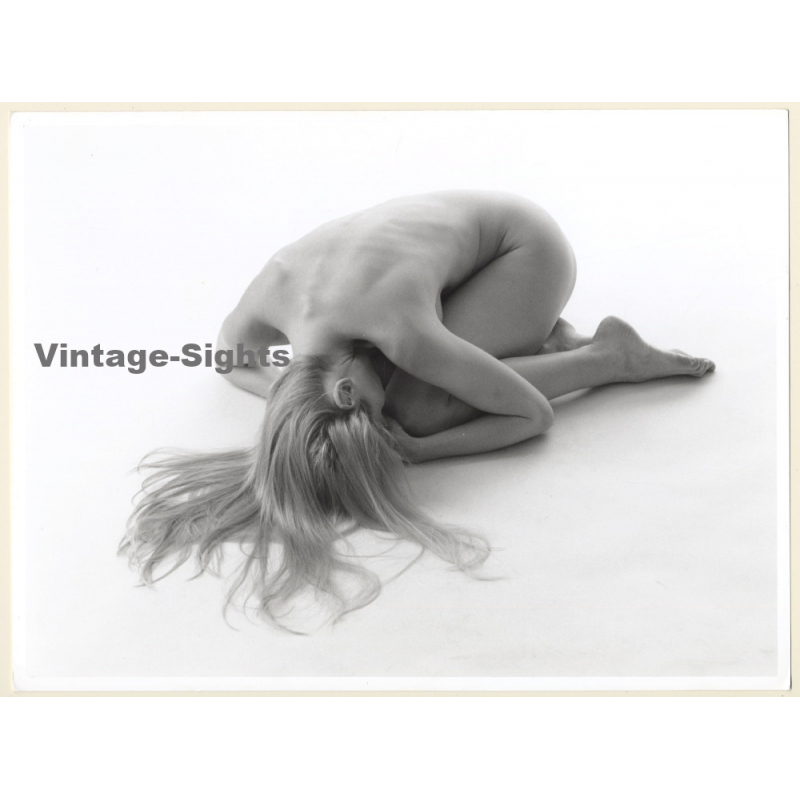 Artistic Erotic Study: Longhaired Blonde Nude Crouched On Floor (Vintage Photo France 23 x 31 CM 1980s)