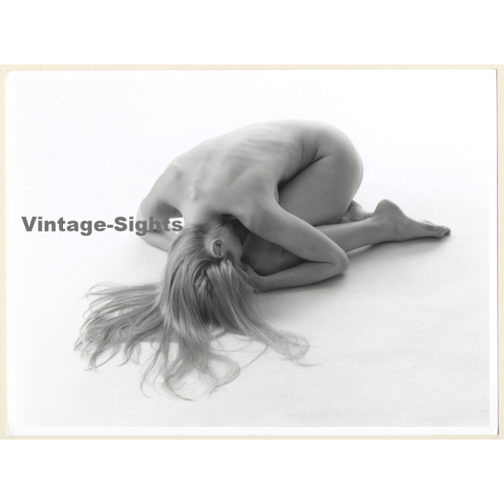 Artistic Erotic Study: Longhaired Blonde Nude Crouched On Floor (Vintage Photo France 23 x 31 CM 1980s)