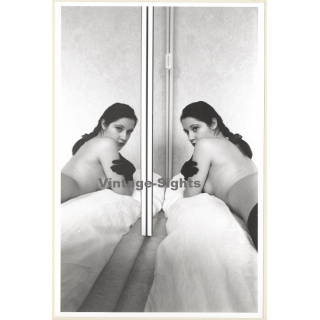 Artistic Erotic Study: Darkhaired Nude Looking Into Mirror (Vintage XL Photo France 30 x 20 CM 1980s)