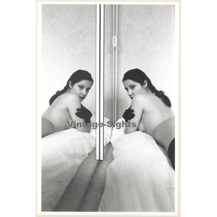 Artistic Erotic Study: Darkhaired Nude Looking Into Mirror (Vintage XL Photo France 30 x 20 CM 1980s)
