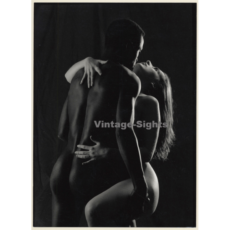 Artistic Erotic Study: Interracial Nude Couple Embracing Each Other (Vintage XL Photo France 30 x 22 CM 1980s)