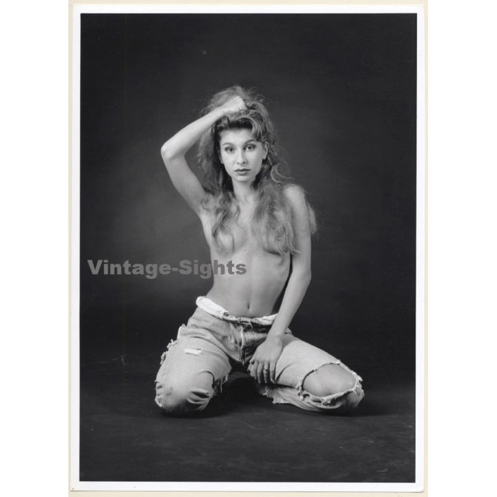 Artistic Erotic Study: Topless Blonde In Ripped Jeans (Vintage XL Photo France 30 x 22 CM 1980s)