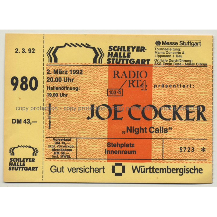 Joe Cocker - Night Calls Tour '92 Ticket N° 5723 Stuttgart - Unused (Vintage Memorabilia)
